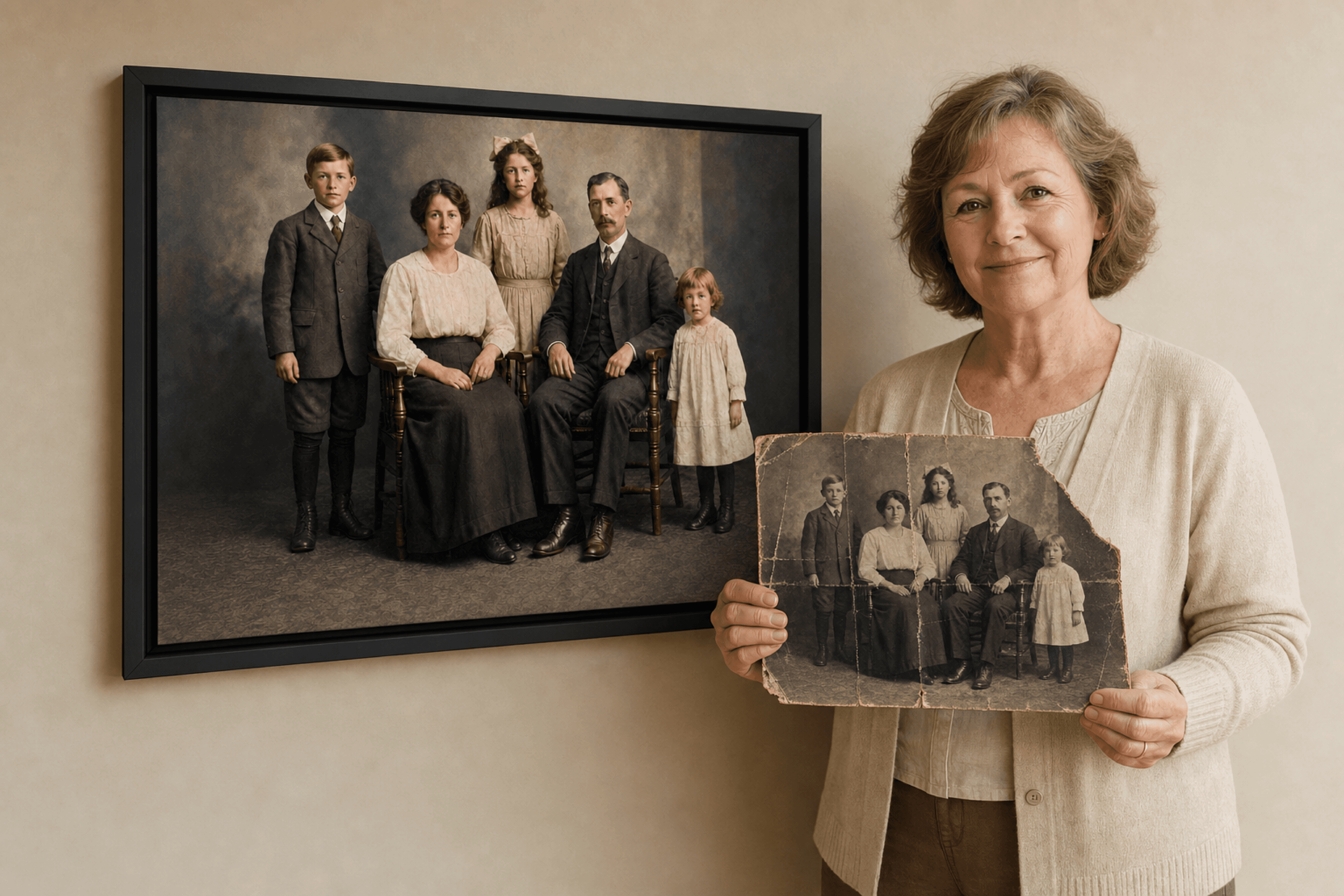 A woman holds a torn, faded family portrait beside the same portrait, restored in colour and framed on her wall.